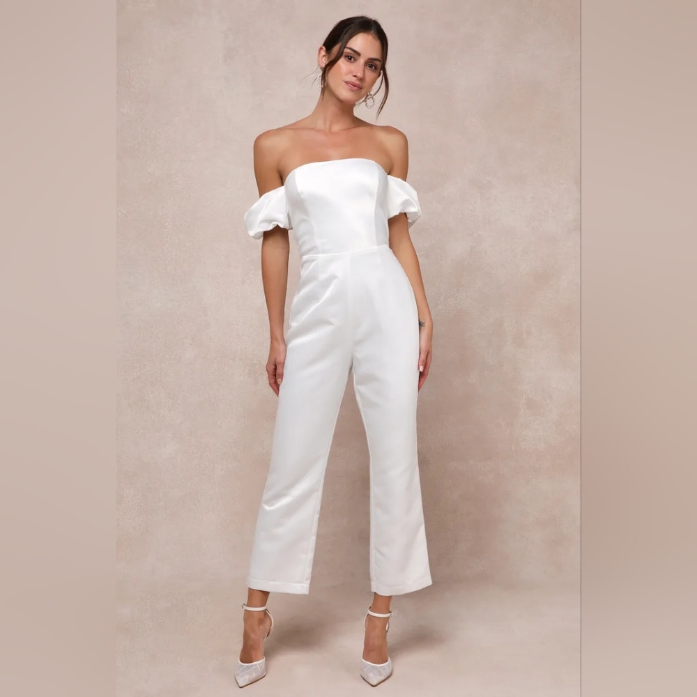 Chic Vow White Satin Off-the-Shoulder Bow Jumpsuit
